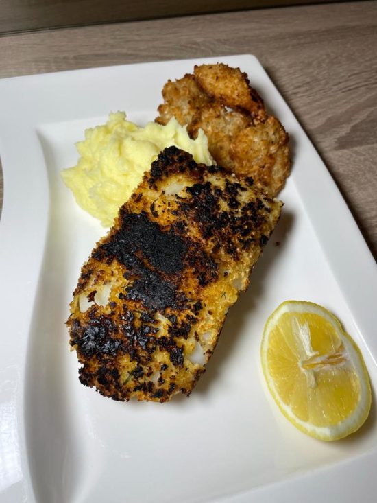 Crispy cod served with cheesy cauliflower mash recipe by home cooking with julie neville7