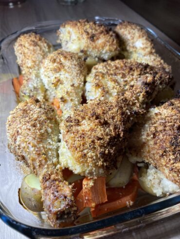 Crispy parmesan mustard baked chicken and vegetables recipe